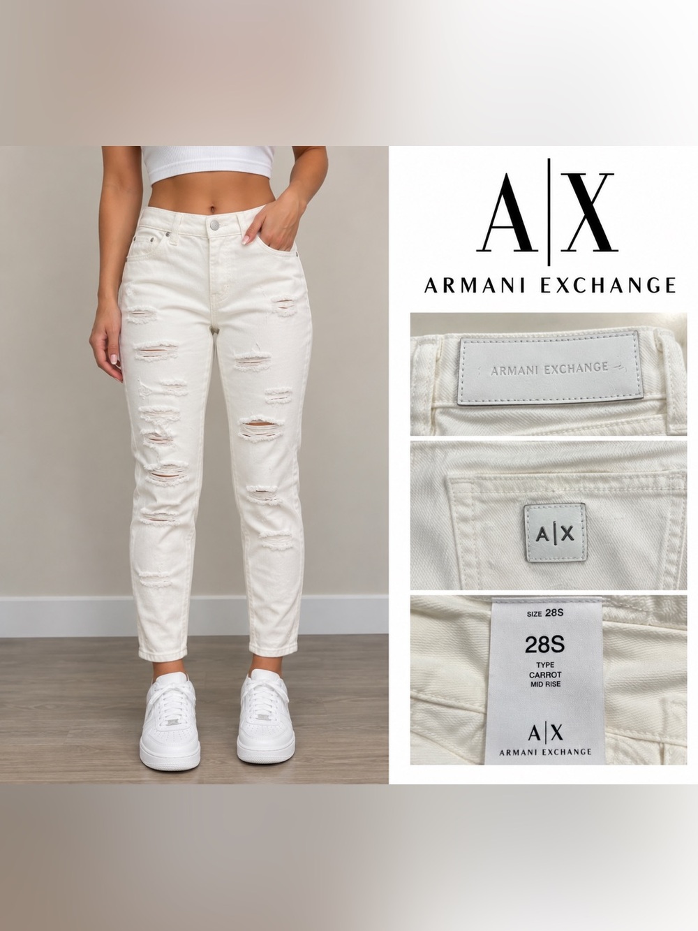 Armani Exchange Women’s White Distressed Carrot Jeans size 28